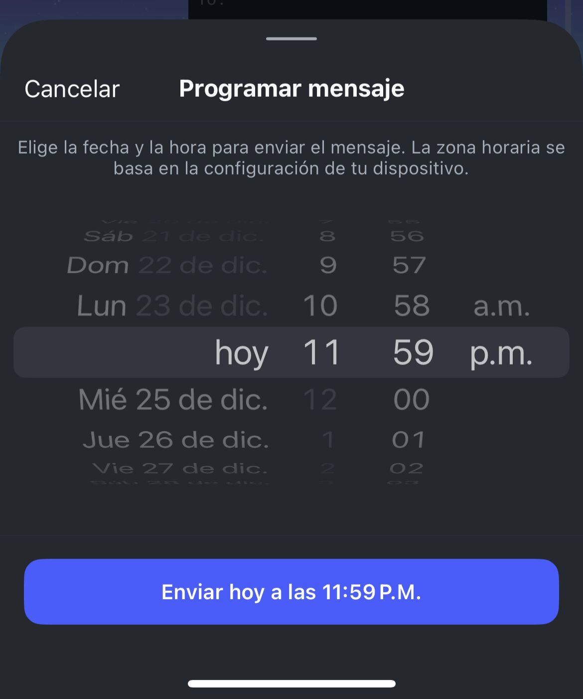 Presione el botón de "Enviar" para elegir la fecha y hora del mensaje, y luego toque "Enviar" para programarlo.