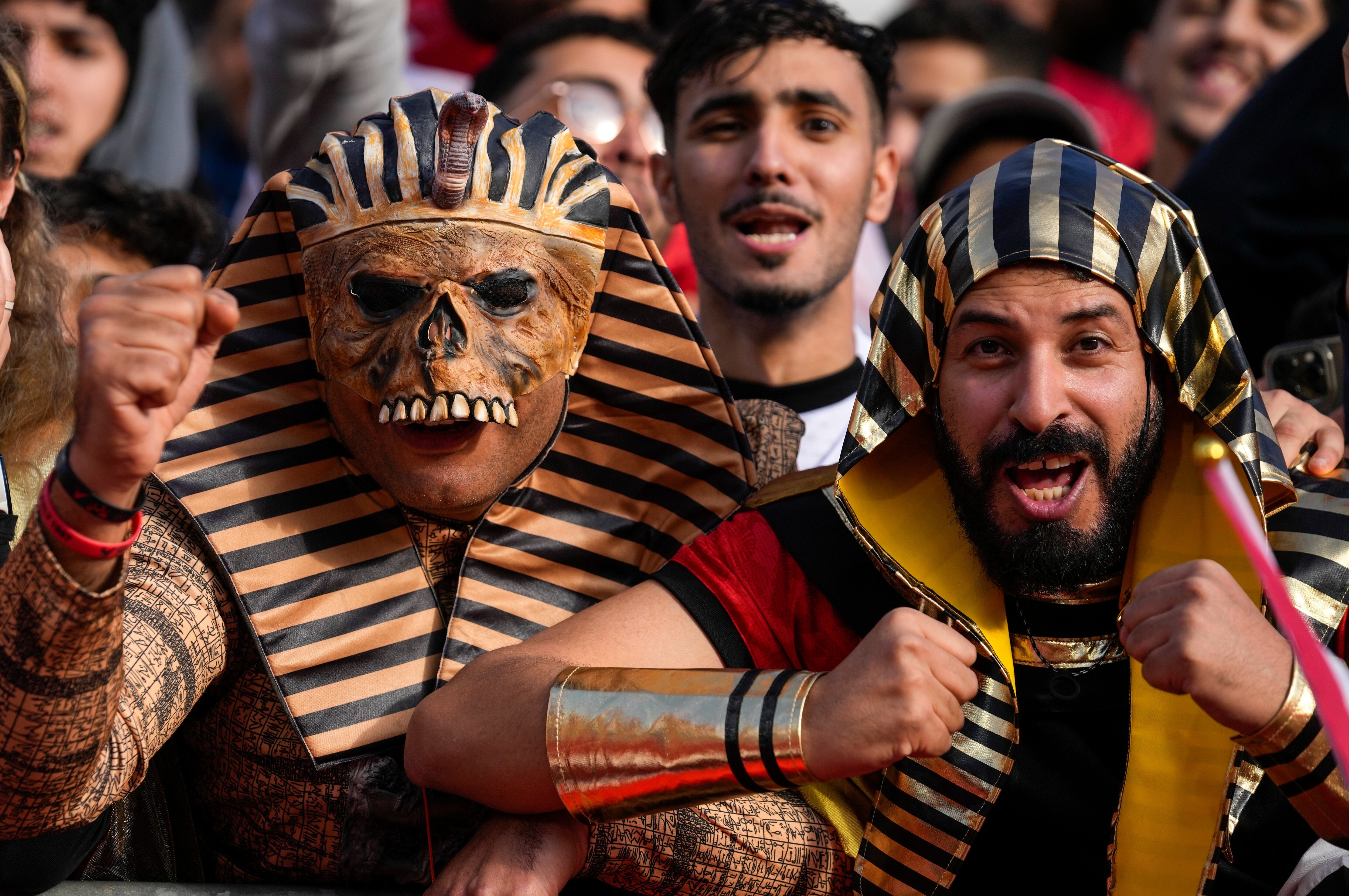 Egypt fans support their team during the Africa Cup of Nations group B soccer match between Egypt and South Africa in Agadir, Morocco, Friday, Dec. 26, 2025. (AP Photo/Themba Hadebe)