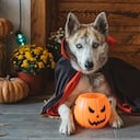 Domestic dog on porch dressed in vampire costume for Halloween