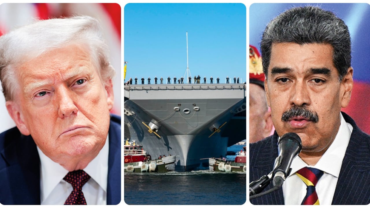Donald Trump, el portaaviones UUS Gerald Ford y Nicolás Maduro
