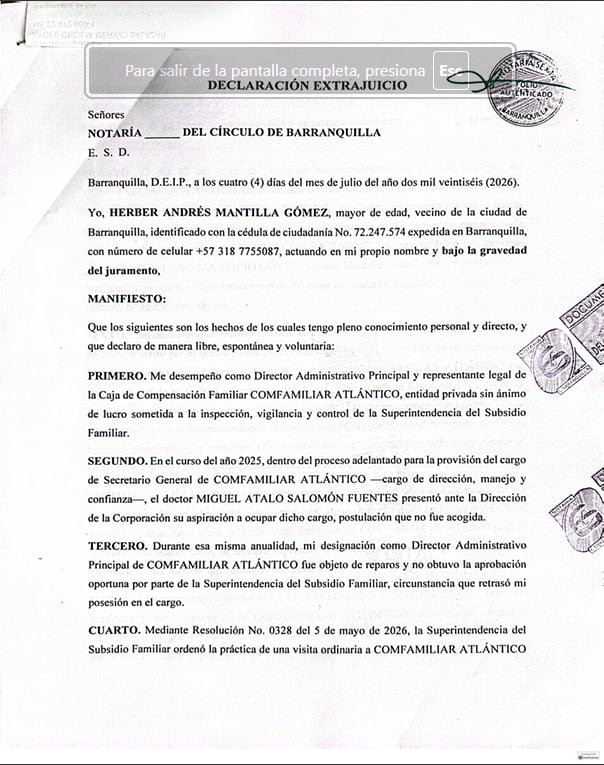 Declaración extrajuicio Herber Mantilla.
