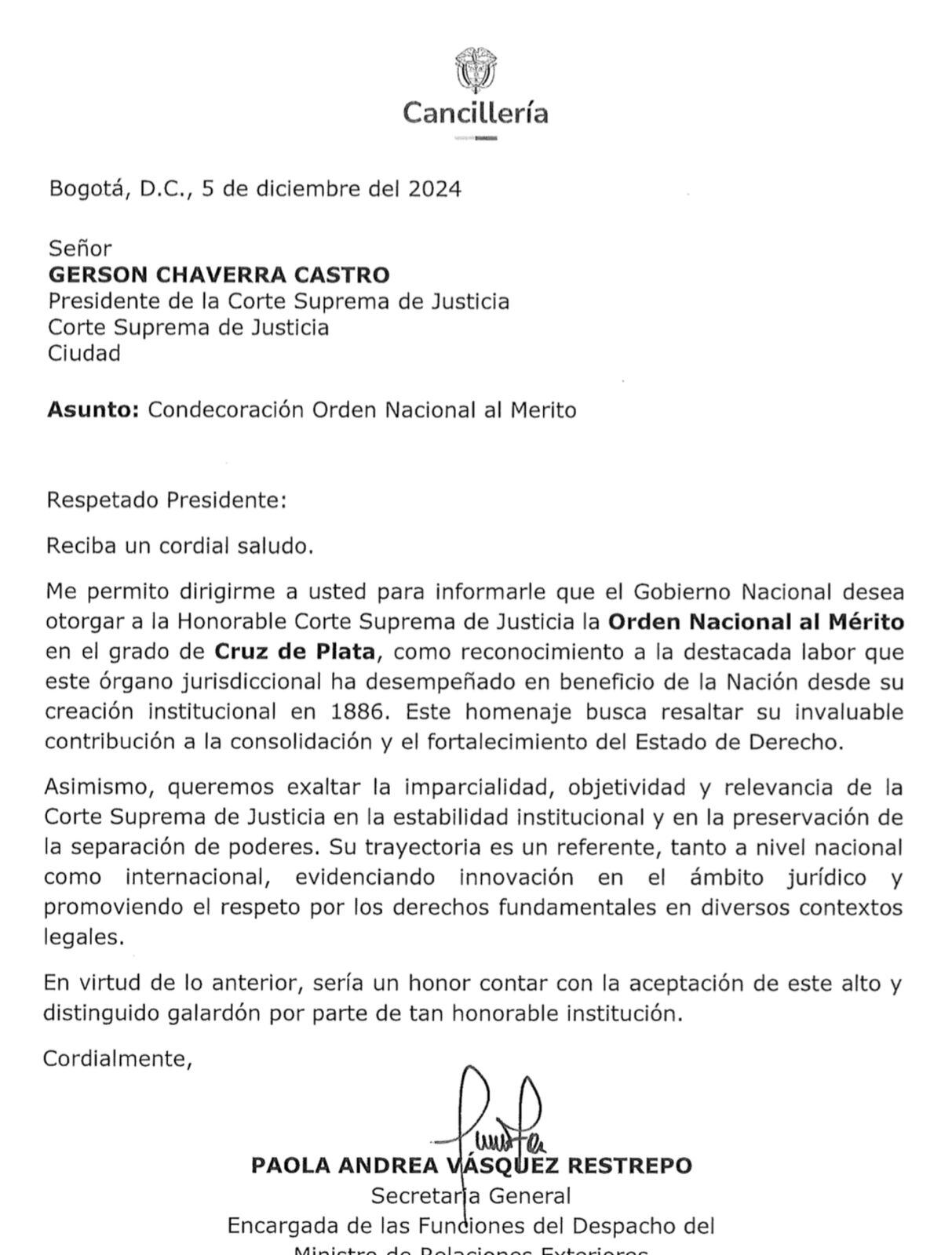 Esta es la carta que la Cancillería le envió al presidente de la Corte Suprema para notificarle la condecoración.