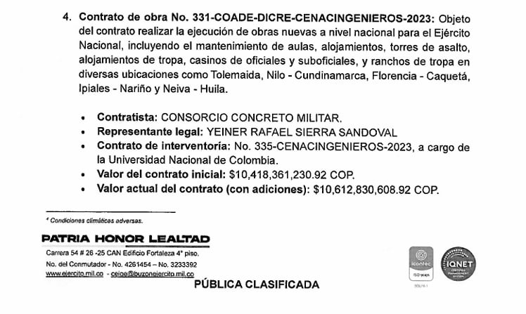 Documento del Ejército donde se relaciona al contratista y el valor de las obras que aún no recibe el Ejército formalmente.