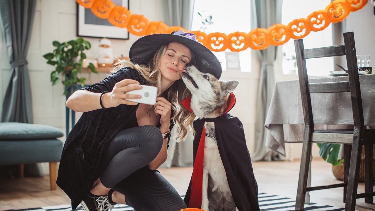 Mascota disfrazada con su dueña.