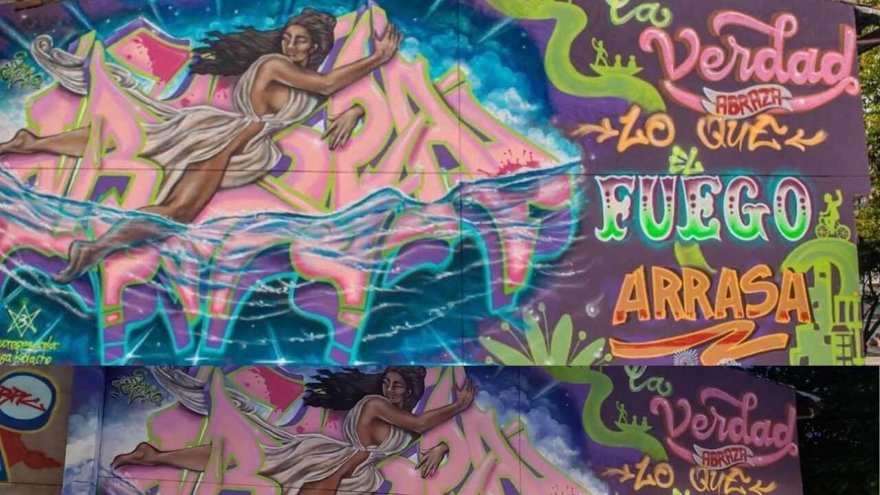 Antes y después de la obra vandalizada por graffiteros.