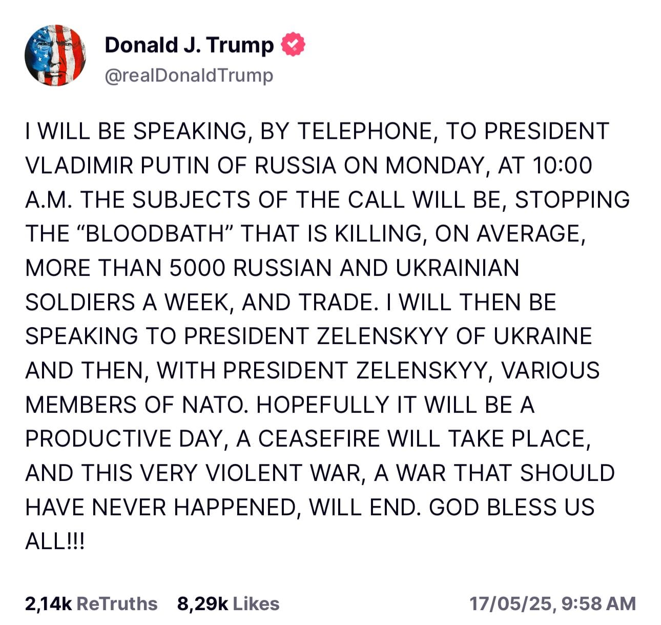 Mensaje emitido por el mandatario estadounidense en su red social