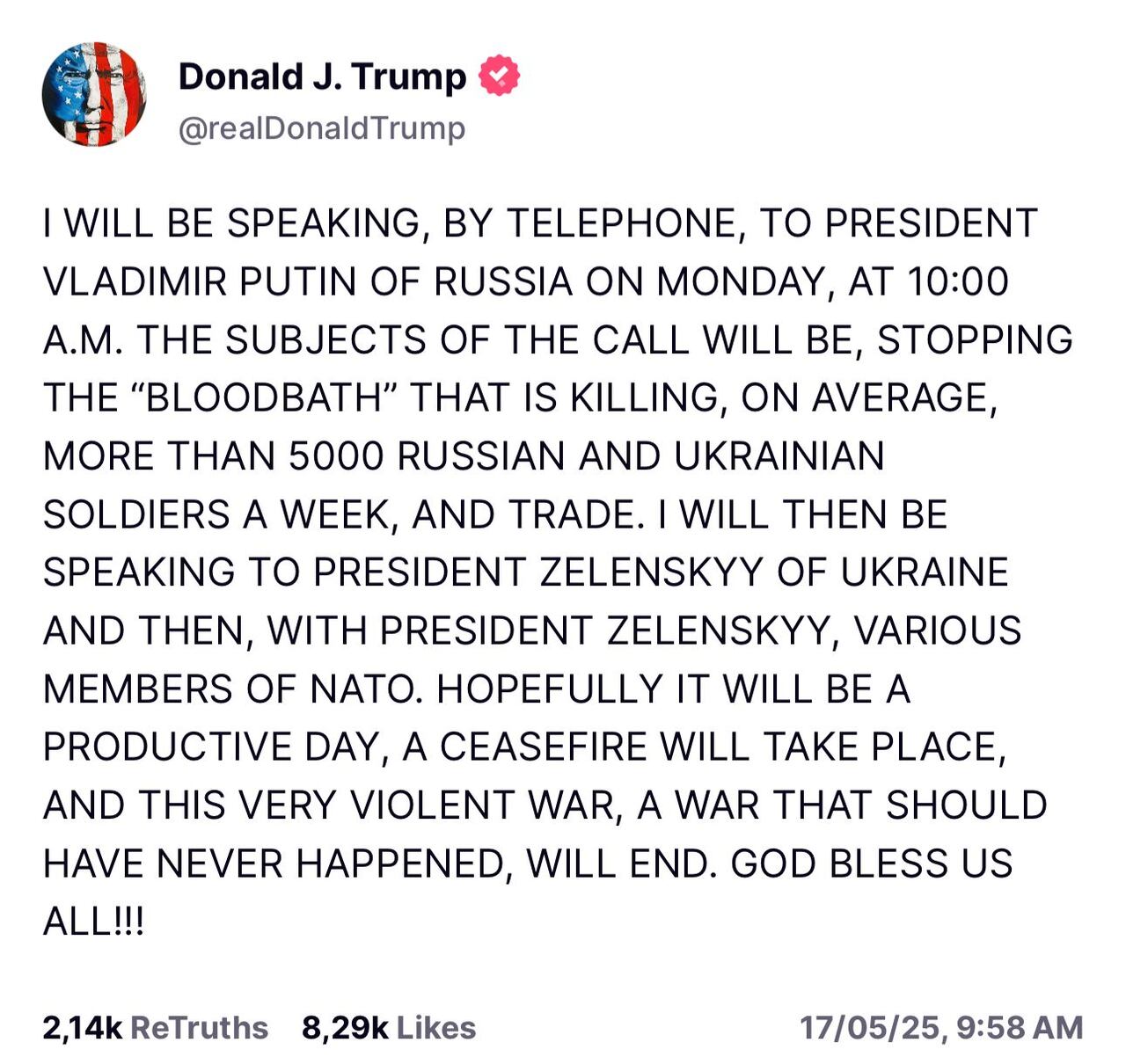 Mensaje emitido por el mandatario estadounidense en su red social