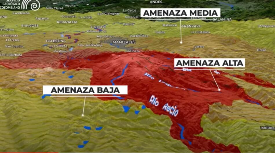 Mapa de amenaza del volcán Nevado del Ruiz.