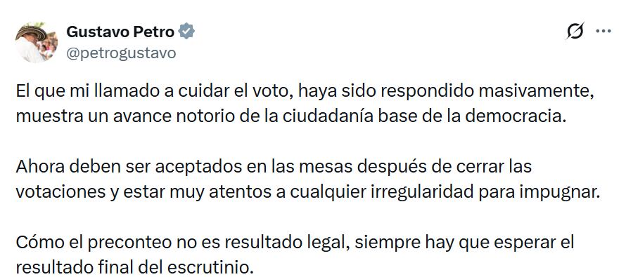 El presidente Gustavo Petro publicó un mensaje en su cuenta de X sobre la inscripción de testigos electorales.