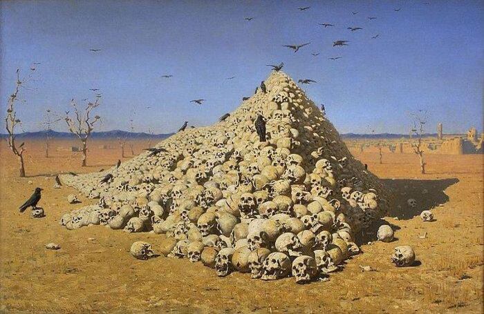 "La apoteosis de la guerra" (1871) hace parte de la serie de Vasily Vereshchagin 'Los bárbaros''. El cuadro hace referencia a las pirámides de calaveras humanas que el conquistador Tamerlane (Timur) dejaba como 'monumento' después de batallas ganadas en los siglos XIV y XV en Asia. Al título definitivo adicionó "Esto está dedicado a todos los grandes conquistadores, pasados, presentes y por venir'".