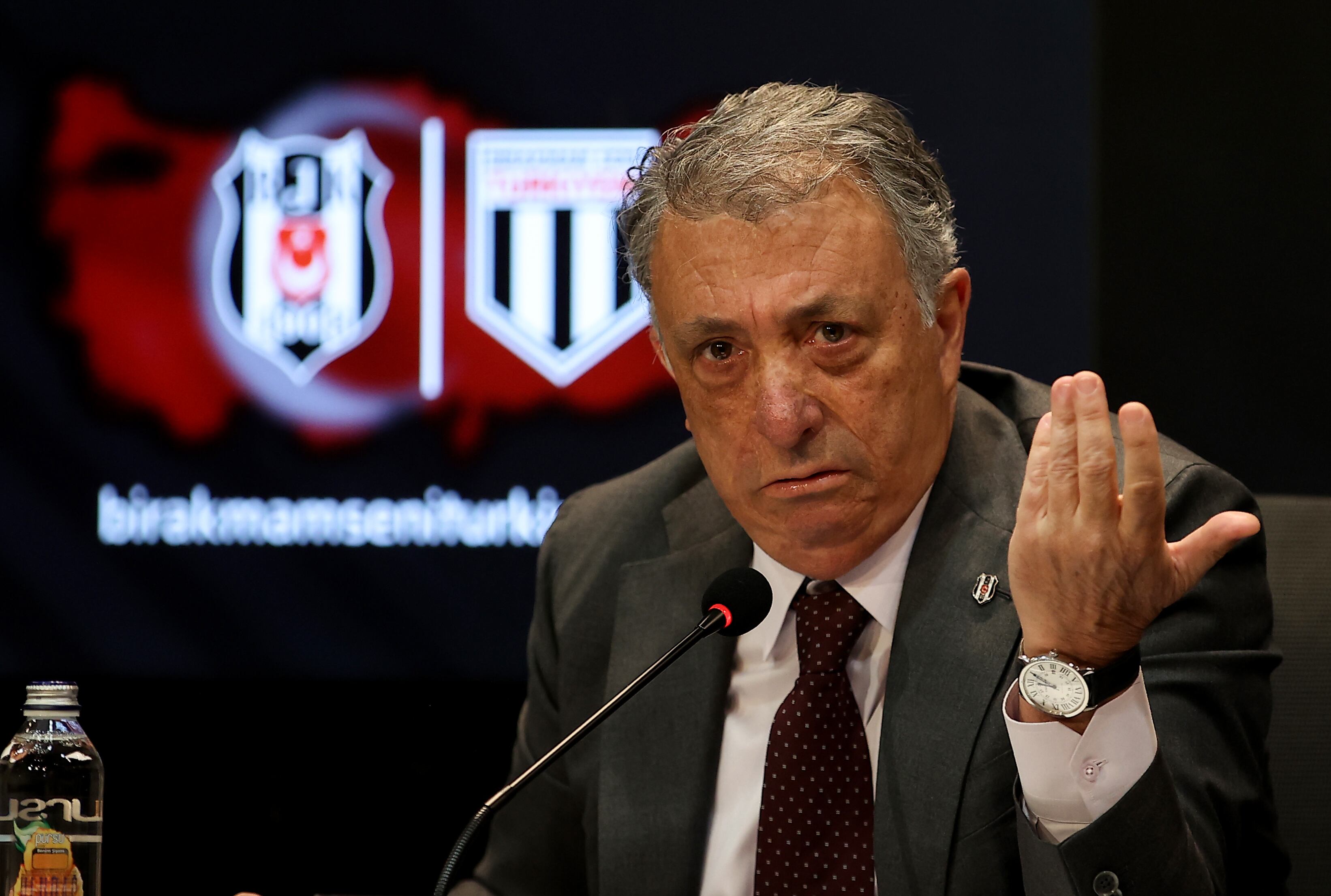ISTANBUL, TURKIYE - MAY 05: President of Besiktas Ahmet Nur Cebi speaks during a press conference in Istanbul, Turkiye on May 05, 2023. (Photo by Berk Ozkan/Anadolu Agency via Getty Images)