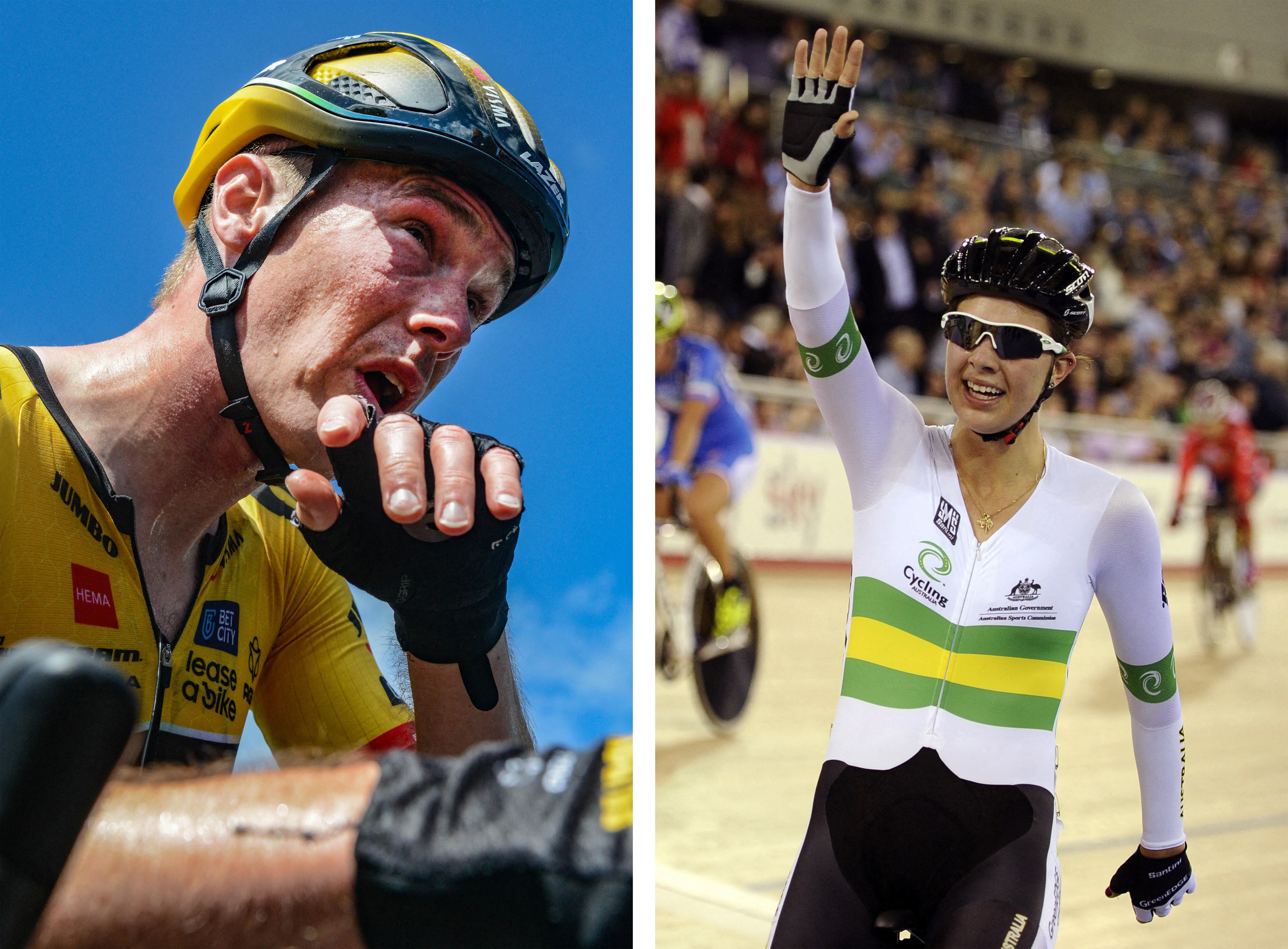 (COMBO) (FILES) This combination image of two file photos created on January 1, 2024 shows Australian cyclist Rohan Dennis (L) from Jumbo Visma team after winning the stage two of the Tour Down Under UCI cycling event in Adelaide on January 19, 2023; and Australia's Melissa Hoskins (R) celebrating after winning with teammates the UCI Track Cycling World Championships in Saint-Quentin-en-Yvelines, near Paris on February 19, 2015. Former world champion cyclist Rohan Dennis has been charged over the death of his Olympian wife, Melissa Hoskins, Australian media reported on January 1, 2024, after allegedly hitting her with a car. (Photo by Miguel MEDINA and Brenton EDWARDS / AFP)