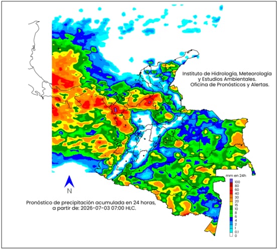 Mapa del clima en Colombia para el viernes 3 de julio.