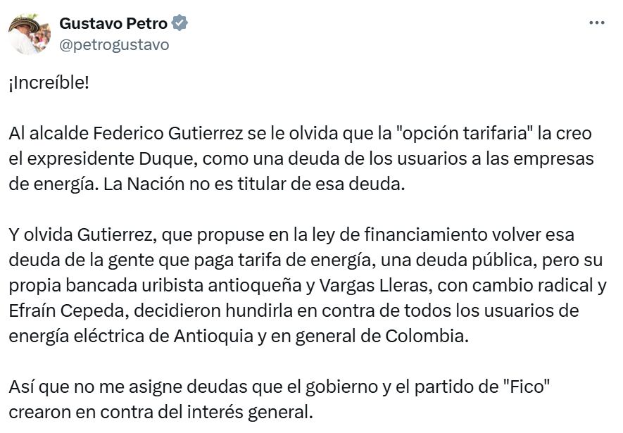 El presidente Gustavo Petro le respondió al alcalde Federico Gutiérrez por deudas de energía.