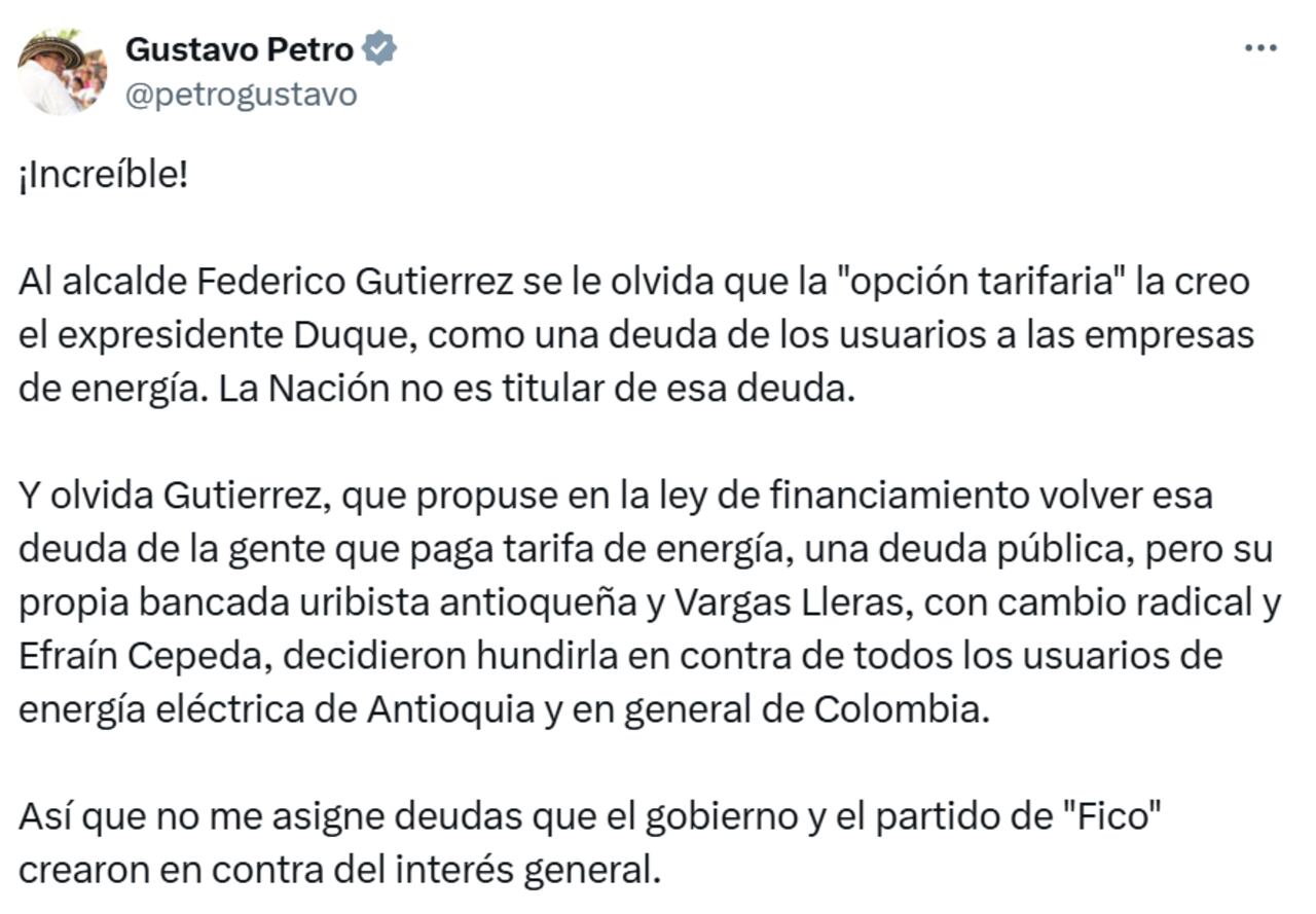 El presidente Gustavo Petro le respondió al alcalde Federico Gutiérrez por deudas de energía.