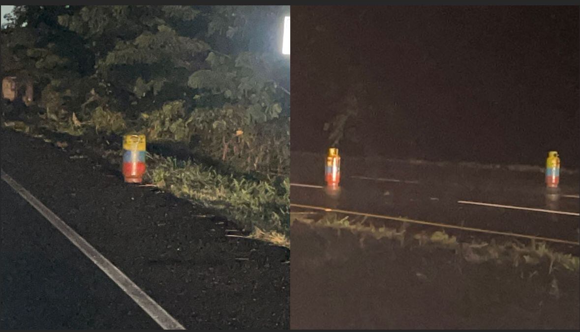 Cilindros bombas instalados por las disidencias en la vía Cali - Palmira.