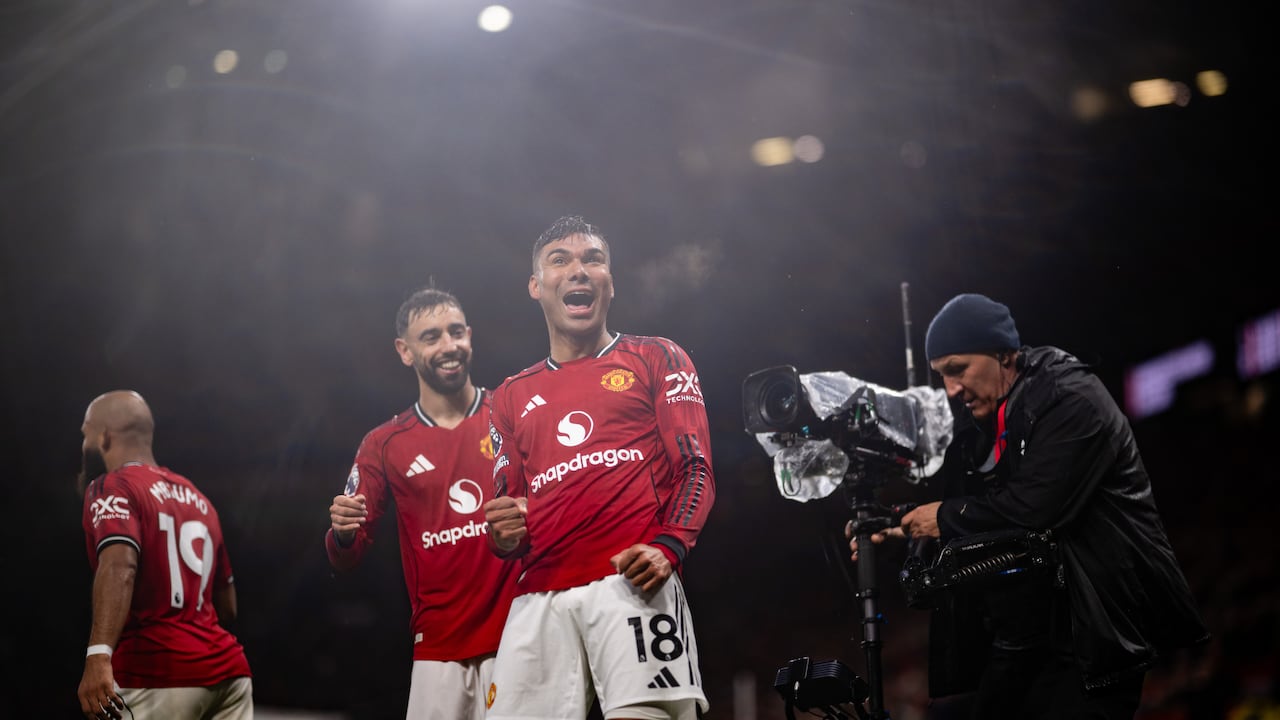MANCHESTER, ENGLAND - SEPTEMBER 20: Casemiro of Manchester United celebrates scoring a goal to make the score 2-0 during the Premier League match between Manchester United and Chelsea at Old Trafford on September 20, 2025 in Manchester, United Kingdom. (Photo by Ash Donelon/Manchester United via Getty Images)