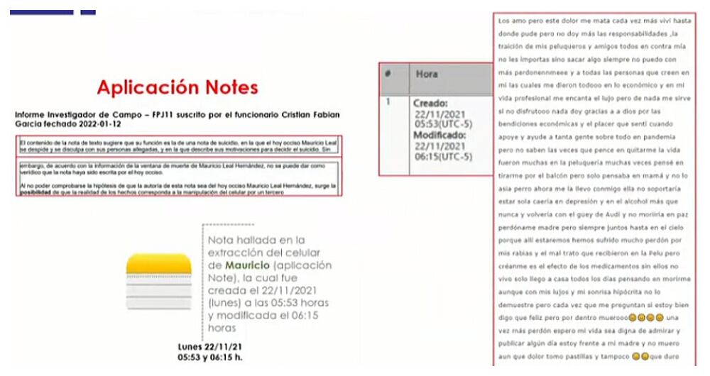 Nota encontrada en el celular de Mauricio Leal y que habría sido escrita por Jhonier, su hermano
