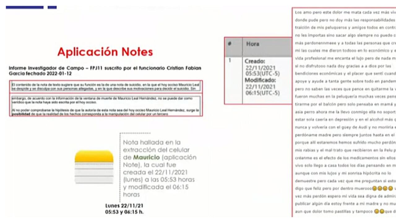 Nota encontrada en el celular de Mauricio Leal y que habría sido escrita por Jhonier, su hermano