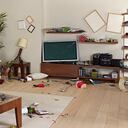 messy living room decoration with broken stuff