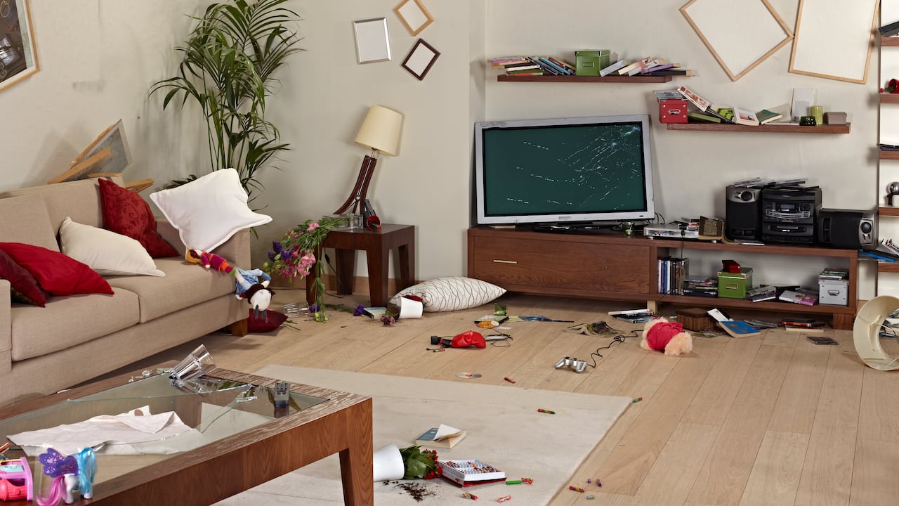 messy living room decoration with broken stuff