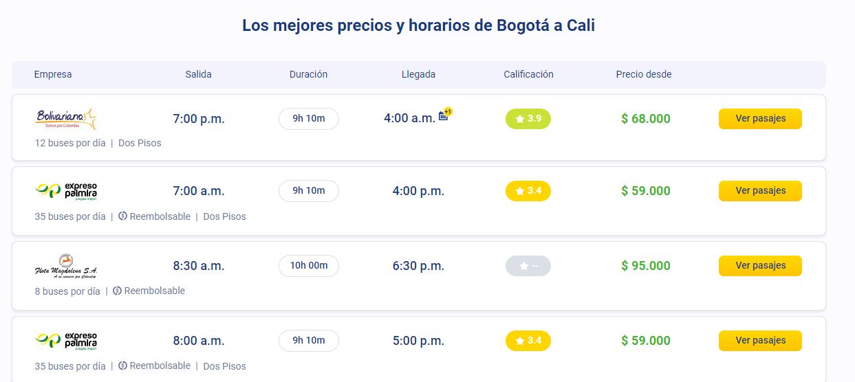 Precio del pasaje en bus de Bogotá a Cali