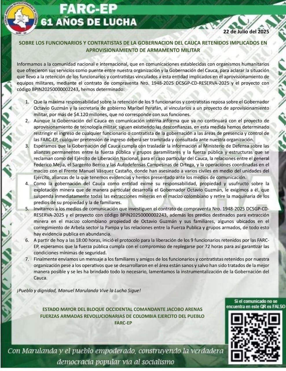 Comunicado de las disidencias de las Farc.