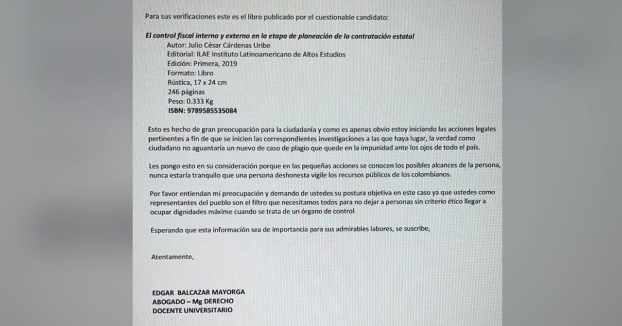 Correo electrónico que llegó a la comisión accidental que elegirá a los 10 aspirantes a la Contraloría.