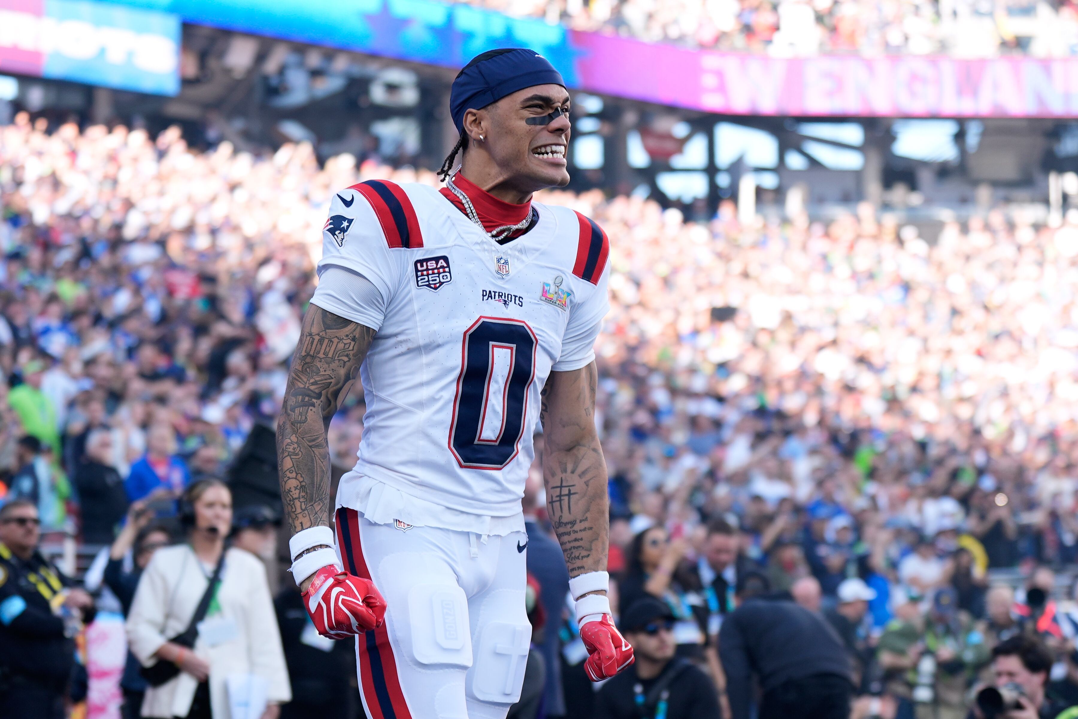 New England Patriots cornerback Christian Gonzalez (0) reacts before the NFL Super Bowl 60 football game against the Seattle Seahawks, Sunday, Feb. 8, 2026, in Santa Clara, Calif. (AP Photo/Steve Luciano)