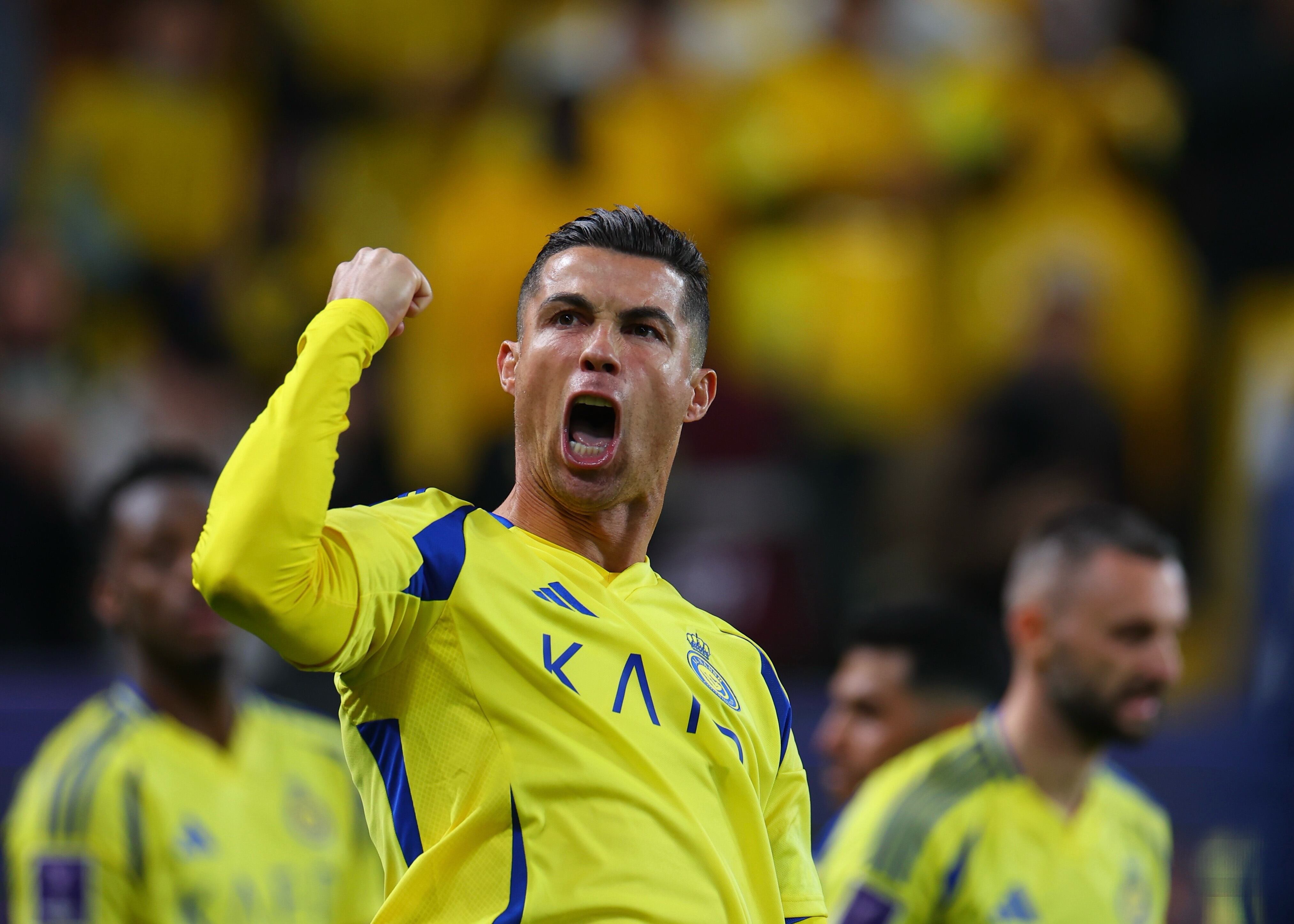 RIYADH, SAUDI ARABIA - FEBRUARY 03: Cristiano Ronaldo of Al Nassr celebrates after scoring the third goal of his team during the AFC Champions League Elite match between Al-Nassr and Al Wasl at King Saud University Stadium on February 03, 2025 in Riyadh, Saudi Arabia. (Photo by Al Nassr FC/Al Nassr FC via Getty Images)