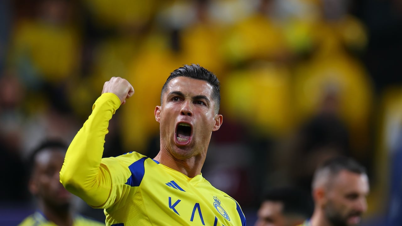 RIYADH, SAUDI ARABIA - FEBRUARY 03: Cristiano Ronaldo of Al Nassr celebrates after scoring the third goal of his team during the AFC Champions League Elite match between Al-Nassr and Al Wasl at King Saud University Stadium on February 03, 2025 in Riyadh, Saudi Arabia. (Photo by Al Nassr FC/Al Nassr FC via Getty Images)