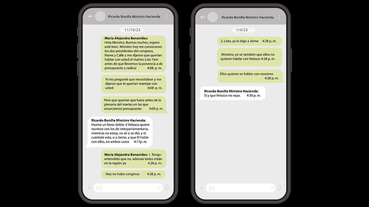 Chats entre María Alejandra Benavides y Ricardo Bonilla.
