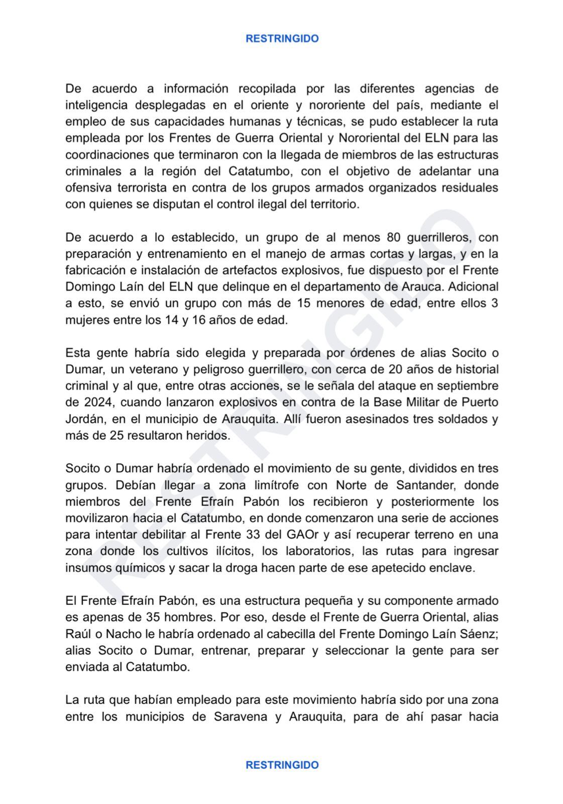 Documento donde la fuerza pública explica cómo fue reforzado el ELN desde Arauca para la guerra con las disidencias de las Farc en el Catatumbo.