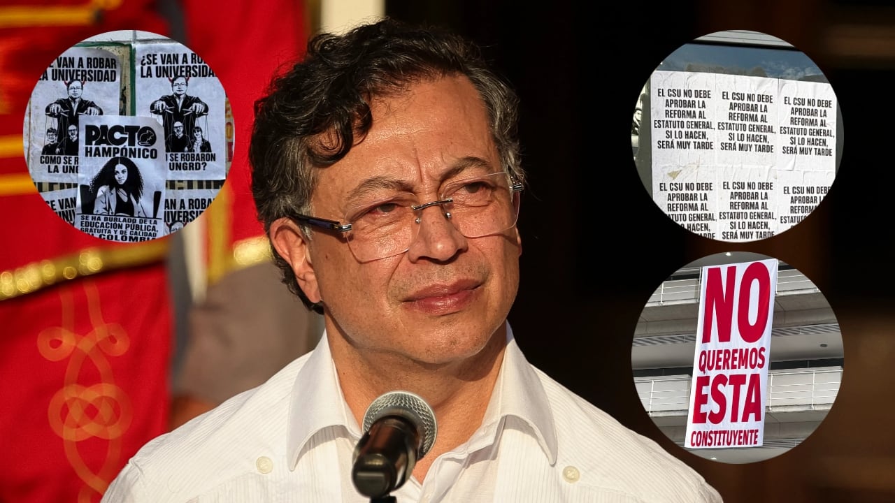 Gustavo Petro y los afiches en su contra en la Universidad Nacional.
