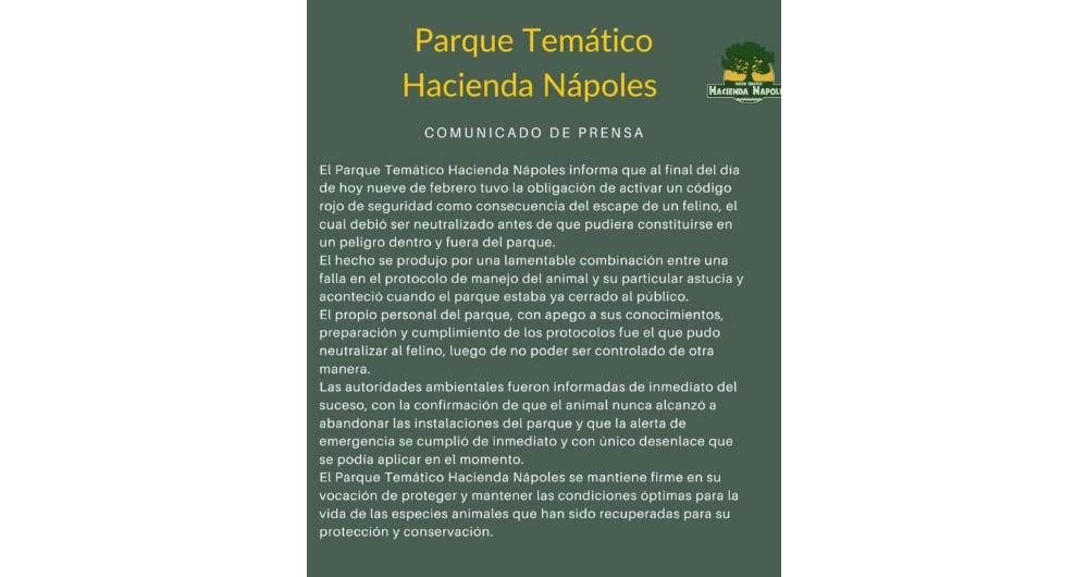 Comunicado de la Hacienda Nápoles sobre el sacrificio de un tigre.