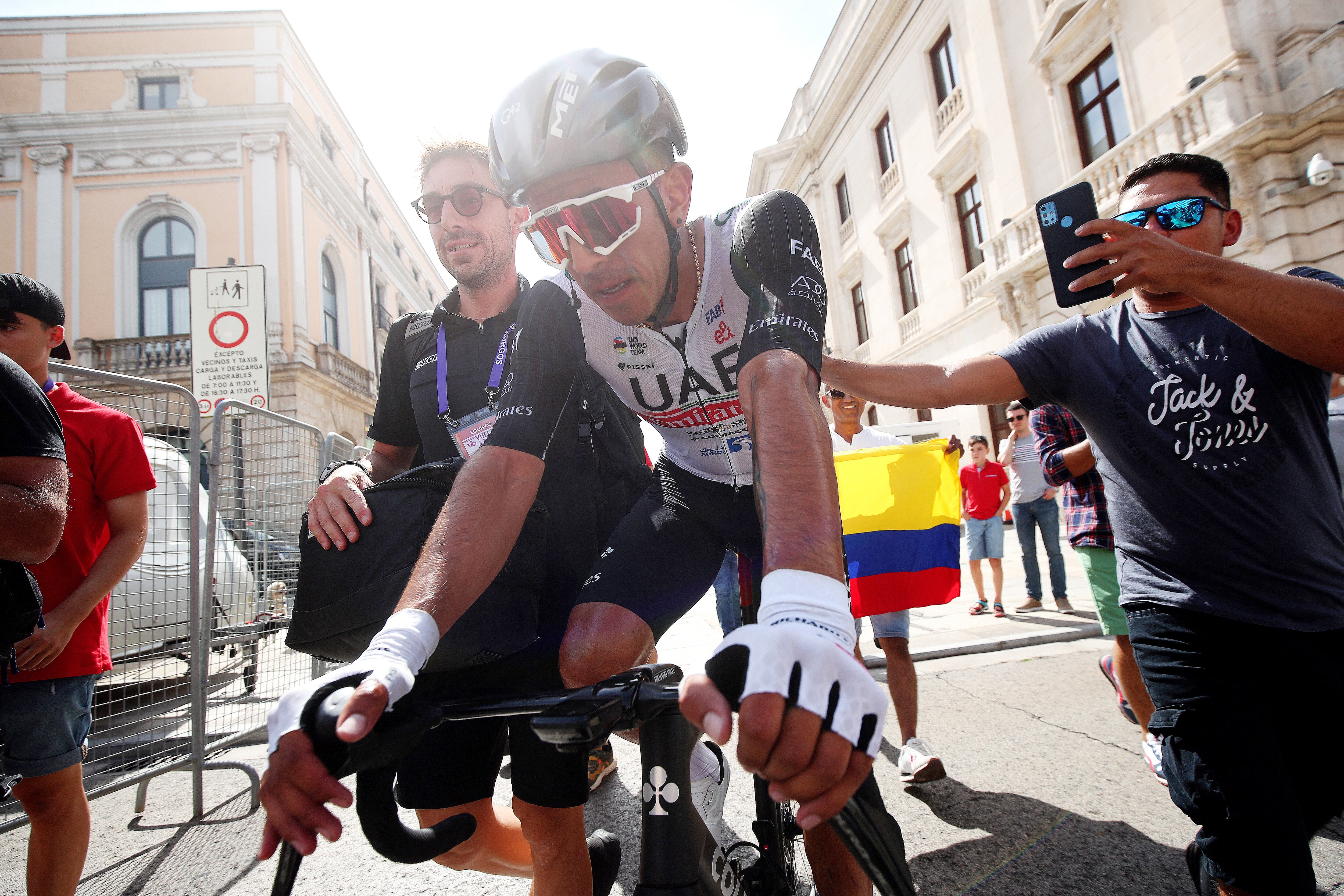 BURGOS, SPAIN - AUGUST 15: Stage winner Juan Sebastian Molano Benavides of Colombia and UAE Team Emirates reacts after the 45th Vuelta a Burgos 2023, Stage 1 a 161km stage from Villalba de Duero to Burgos on August 15, 2023 in Burgos, Spain. (Photo by Gonzalo Arroyo Moreno/Getty Images)
