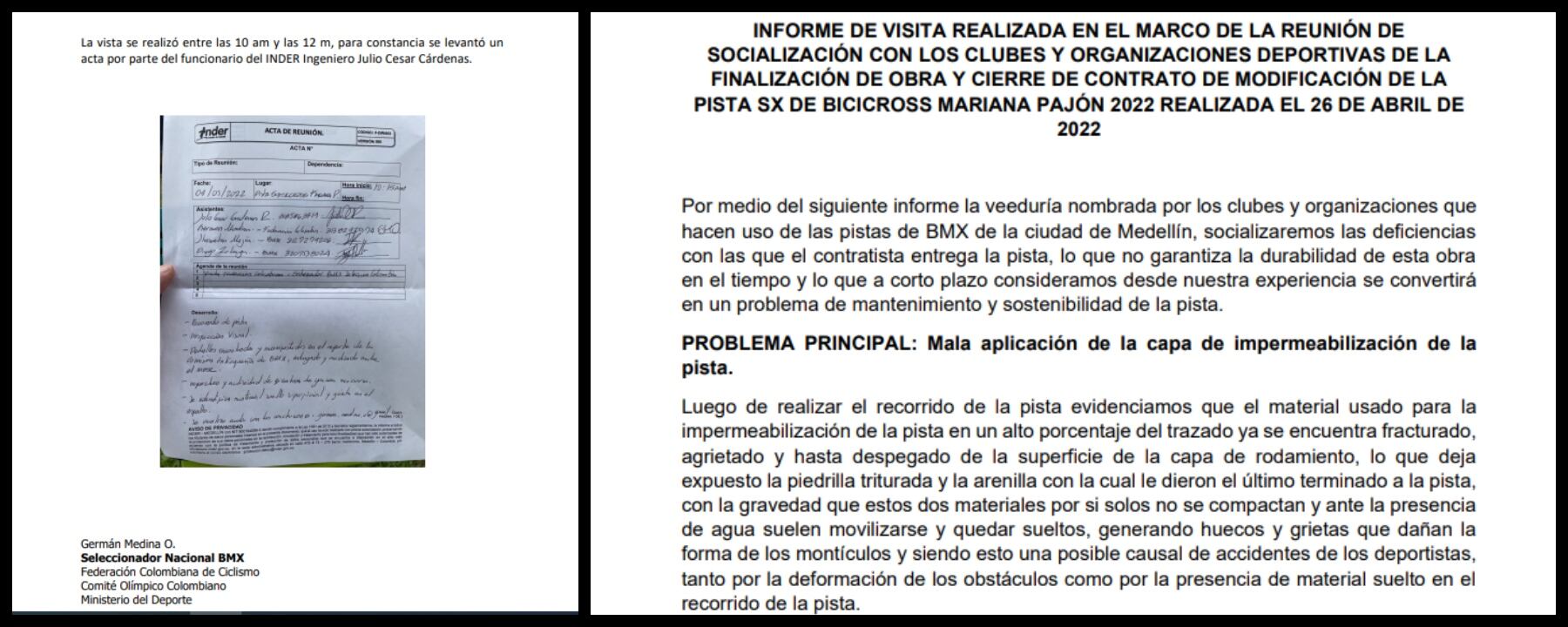 Informes técnicos que advierten problemas en la Pista Mariana Pajón