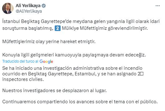 Mensaje de Ali Yerlikaya en la red social X