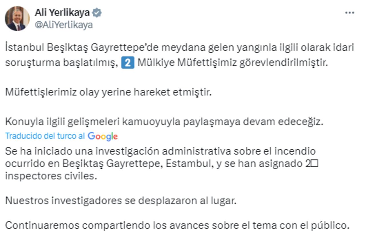 Mensaje de Ali Yerlikaya en la red social X