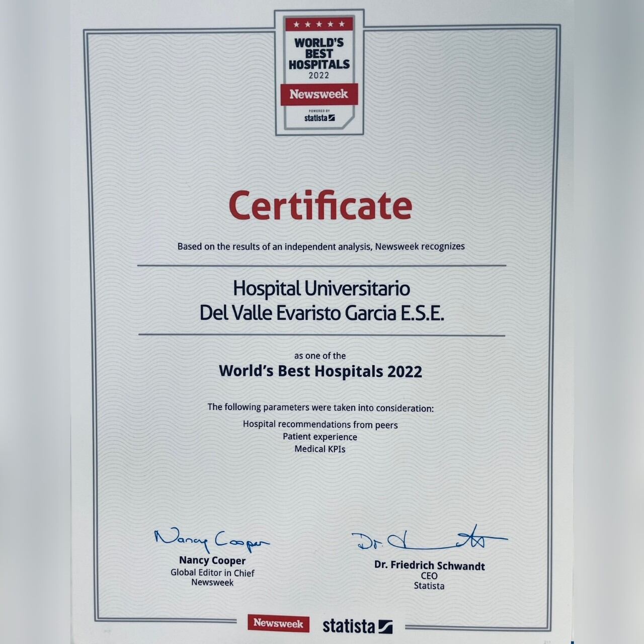 Este es el certificado entregado al Hospital Universitario del Valle.