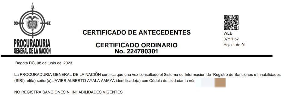 Certificado de la Procuraduría sobre antecedentes disciplinarios del nuevo rector de la Universidad Militar, el general en retiro Javier Ayala.