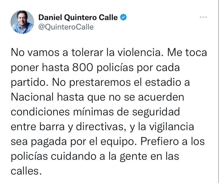 El alcalde Quintero trinó en sus redes sociales.