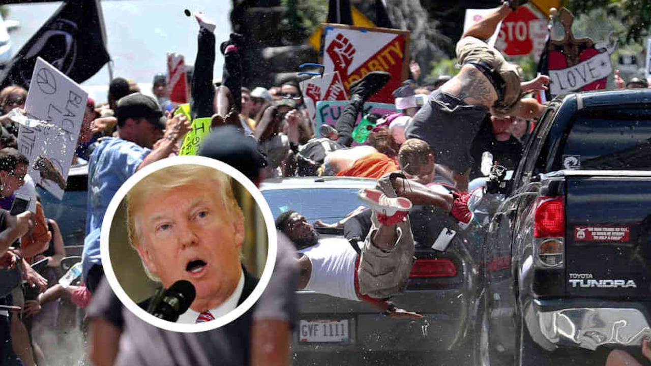 Momento en el que un vehículo arrolló a manifestantes en contra de grupos nacionalistas y racistas en Charlottesville, el sábado 12 de agosto. El violento atropello cobró la vida de Heather Heyer.
