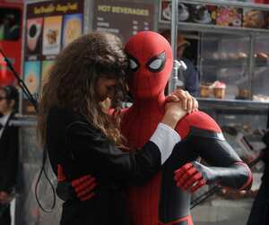 NEW YORK, NY - OCTOBER 12: Tom Holland and Zendaya on the set of "Spiderman: Far From Home" on October 12, 2018 in New York City. (Photo by Bobby Bank/GC Images)