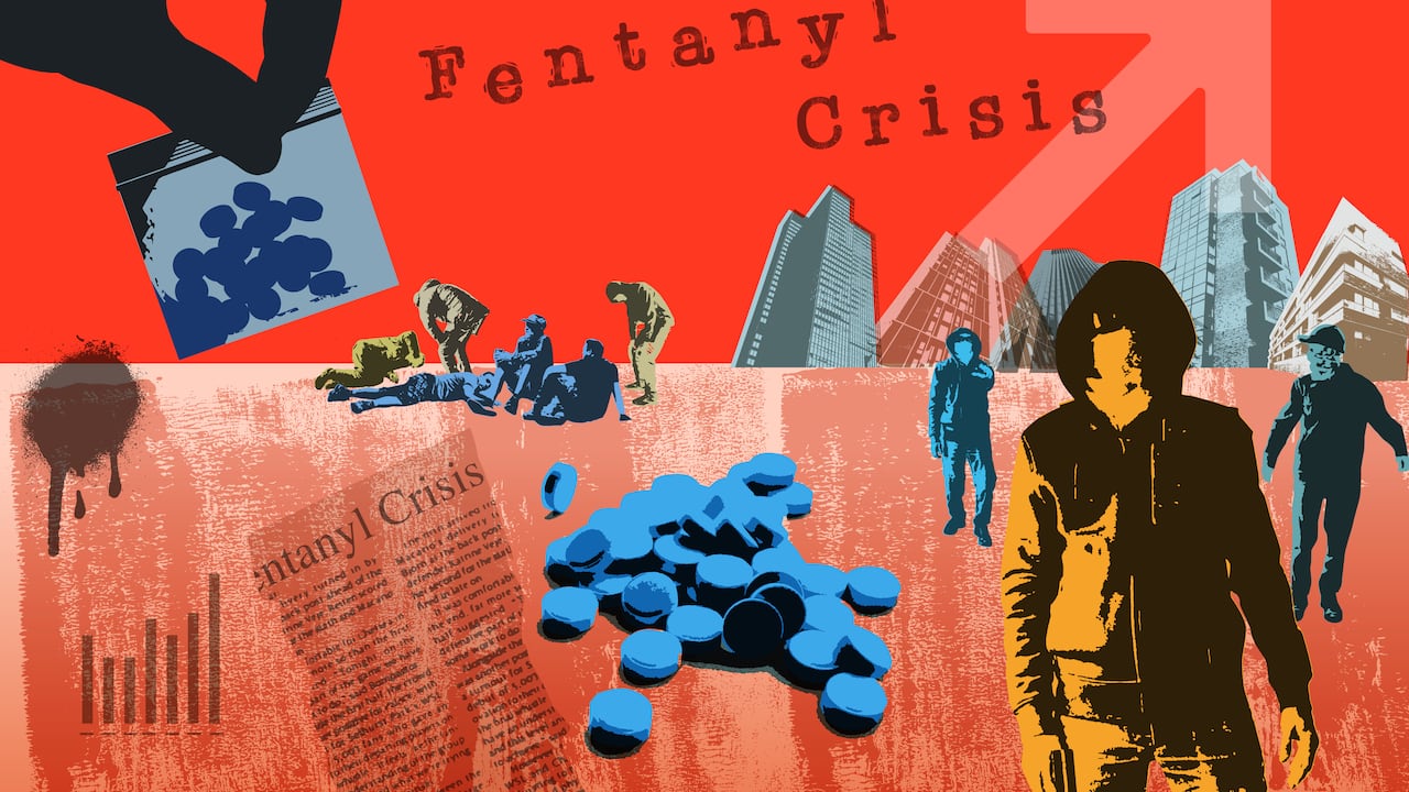 Ilustración conceptual de fentanilo en estilo collage