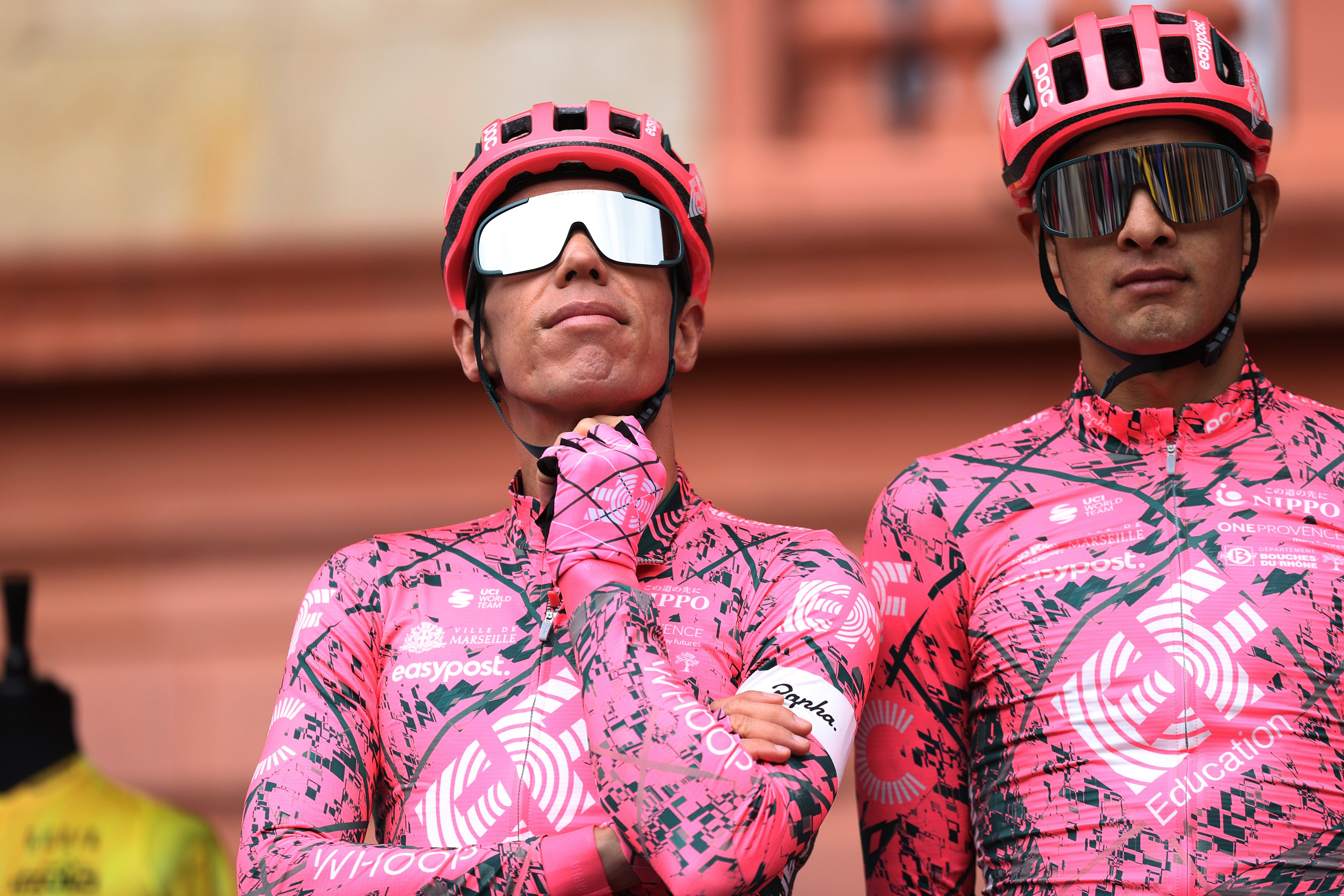 ARRATE, SPAIN - APRIL 09: (L-R) Rigoberto Uran Uran of Colombia and Diego Andres Camargo Pineda of Colombia and Team EF Education - Easypost during the team presentation prior to the 61st Itzulia Basque Country 2022 - Stage 6 a 135,7km stage from Eibar to Arrate / #itzulia / #WorldTour / on April 09, 2022 in Arrate, Spain. (Photo by Gonzalo Arroyo Moreno/Getty Images)
