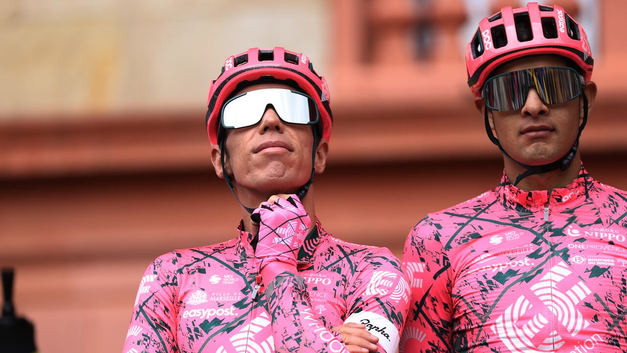 ARRATE, SPAIN - APRIL 09: (L-R) Rigoberto Uran Uran of Colombia and Diego Andres Camargo Pineda of Colombia and Team EF Education - Easypost during the team presentation prior to the 61st Itzulia Basque Country 2022 - Stage 6 a 135,7km stage from Eibar to Arrate / #itzulia / #WorldTour / on April 09, 2022 in Arrate, Spain. (Photo by Gonzalo Arroyo Moreno/Getty Images)