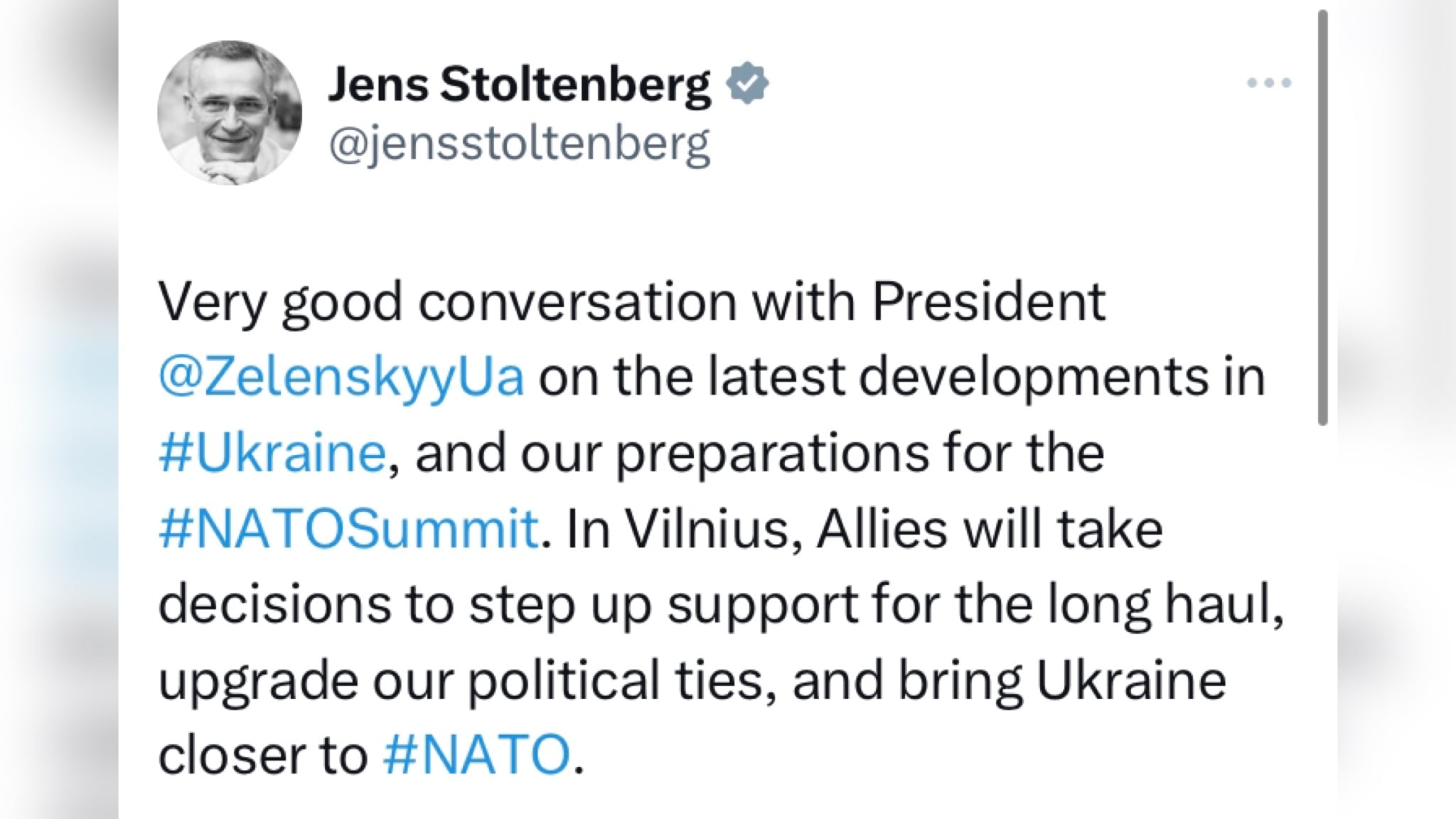 Tras su reelección, el Secretario de la Otan, publicó otro mensaje en esa red social en la que anunció que sostuvo una conversación con el presidente de Ucrania, Volodímir Zelenski.