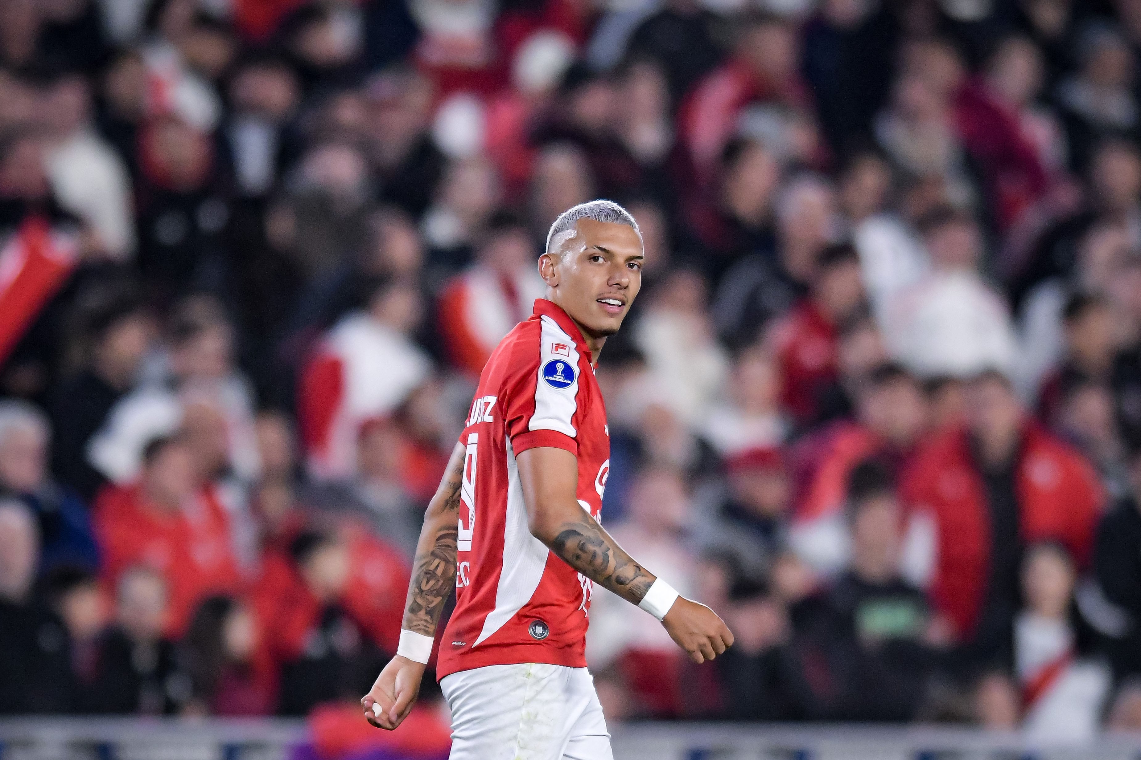 BUENOS AIRES, ARGENTINA - AUGUST 26: Franco Fagundez of Independiente Santa Fe celebrates after scoring the team's first goal during a Copa CONMEBOL Sudamericana 2026 Round of 16 second leg match between River Plate and Independiente Santa Fe at Estadio Más Monumental Antonio Vespucio Liberti on August 26, 2026 in Buenos Aires, Argentina. (Photo by Marcelo Endelli/Getty Images)