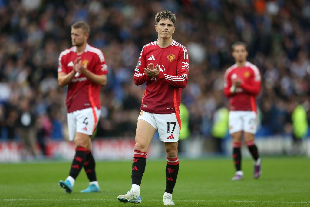 BRIGHTON, ENGLAND - AUGUST 24: Alejandro Garnacho of Manchester United acknowledges the fans following the teams defeat to Brighton & Hove Albion during the Premier League match between Brighton & Hove Albion FC and Manchester United FC at Amex Stadium on August 24, 2024 in Brighton, England. (Photo by Steve Bardens/Getty Images)